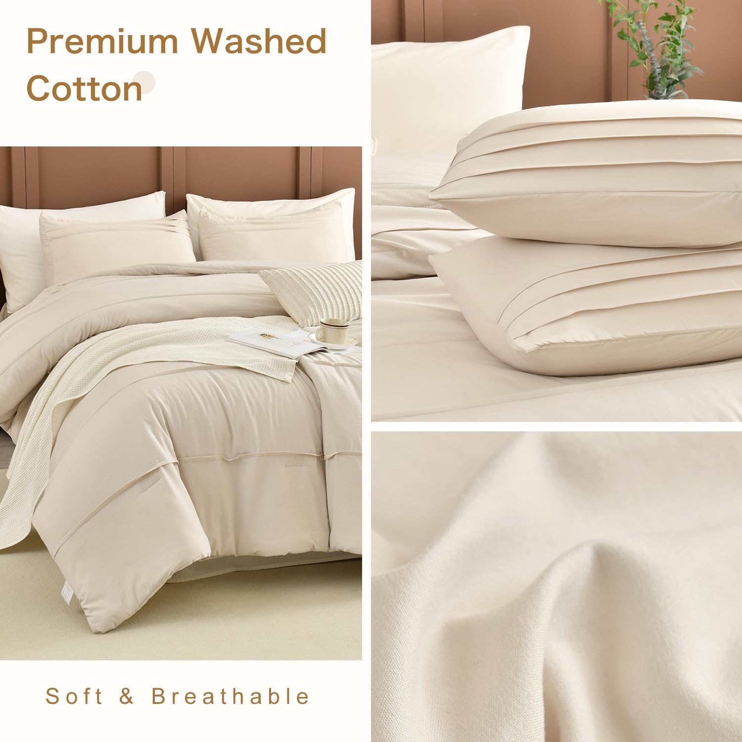 CozyTide Queen Comforter Set(90x95),Cotton Pinch Pleated Bedding Set,3 Pieces Soft Lightweight Farmhouse Bedding Comforter Set(1 Wheat Comforter and 2 Pillowcases)